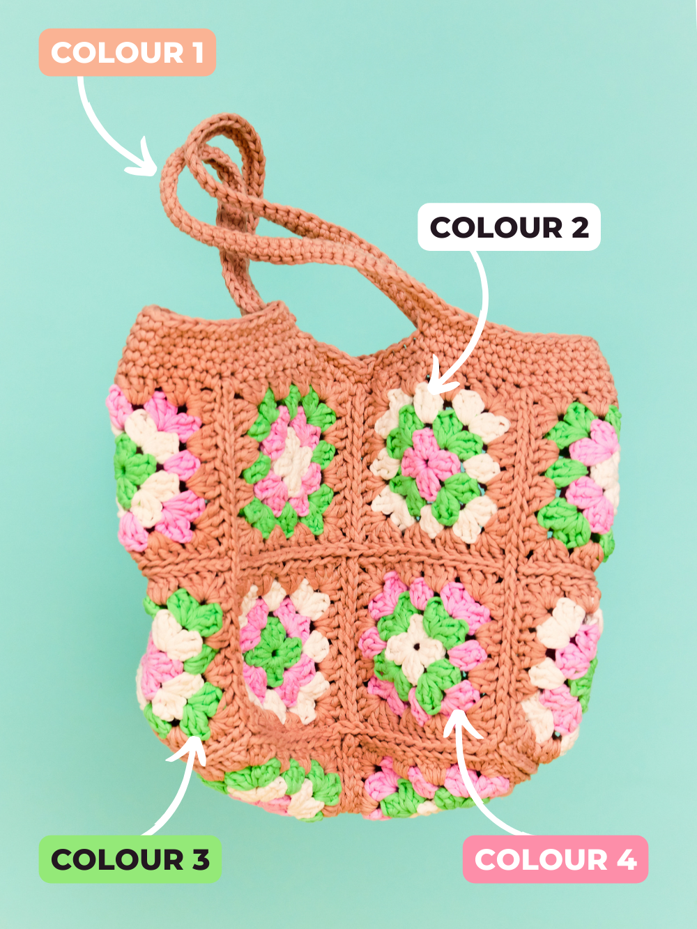 Poppy granny square bag colour indicator