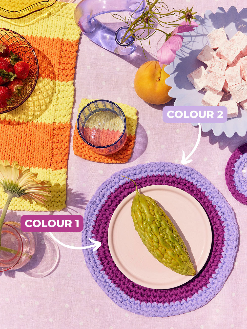 A photo indicating which colour is colour 1, and which colour is colour 2 for the isla rochet placemat and coaster set kit
