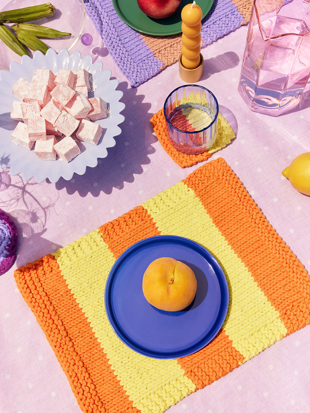 Photo of Orange and Yellow Ollie Placemats and Coasters Knit kits